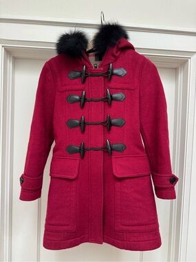 Burberry Brit | Womens Red Toggle Wool Hooded Coat with Faux Fur Trim